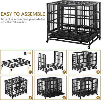JY QAQA 38 Inch Heavy Duty Indestructible Dog Crate Double Doors Escape Proof Cage Kennel,Enhanced Metal Pet Cage,Extra Large XL XXL Crate Indoor for Large Dog with Removable Tray and Lockable Wheels