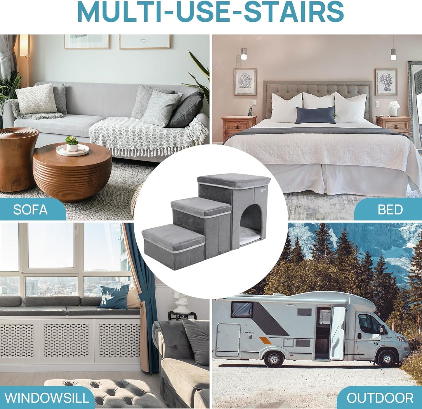 Foldable Pet Stairs for Beds & Sofas - Non-Slip Dog Steps with Storage for Small to Medium Dogs & Cats, Supports up to 120 lbs - Durable 2 & 3-Step Doggie Ladder for Easy Access