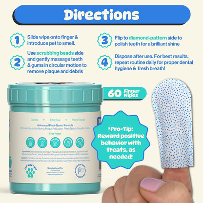 All-in-1 Dog Teeth Cleaning Wipes | Enzymatic Whitening + Micro Scrubbing Beads | No Mess, Pet Dental Wipes & Finger Tooth Brushing Kit | Plant-Based Dental Care for Cats & Dogs (60 Count)