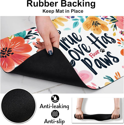 True Love Floral Dog Cat Food Mat-Absorbent Placemat for Food and Water Bowl, Waterproof Non Slip Rubber Backing Dog Food Mats for Floors, Pet Supplies 16 * 24 inch
