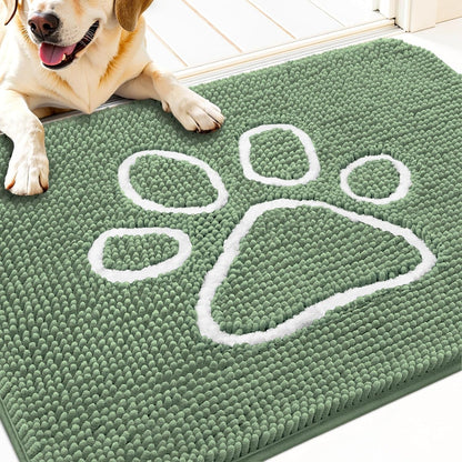 OLANLY Door Mat for Muddy Dog Paws 30x20, Absorbent Chenille Doormat with Paw Print Design, Non-Slip Washable Doormat for Indoor Entryway, Quick-Dry Pet Bed Mats for Dirty Dogs, Olive Green and White