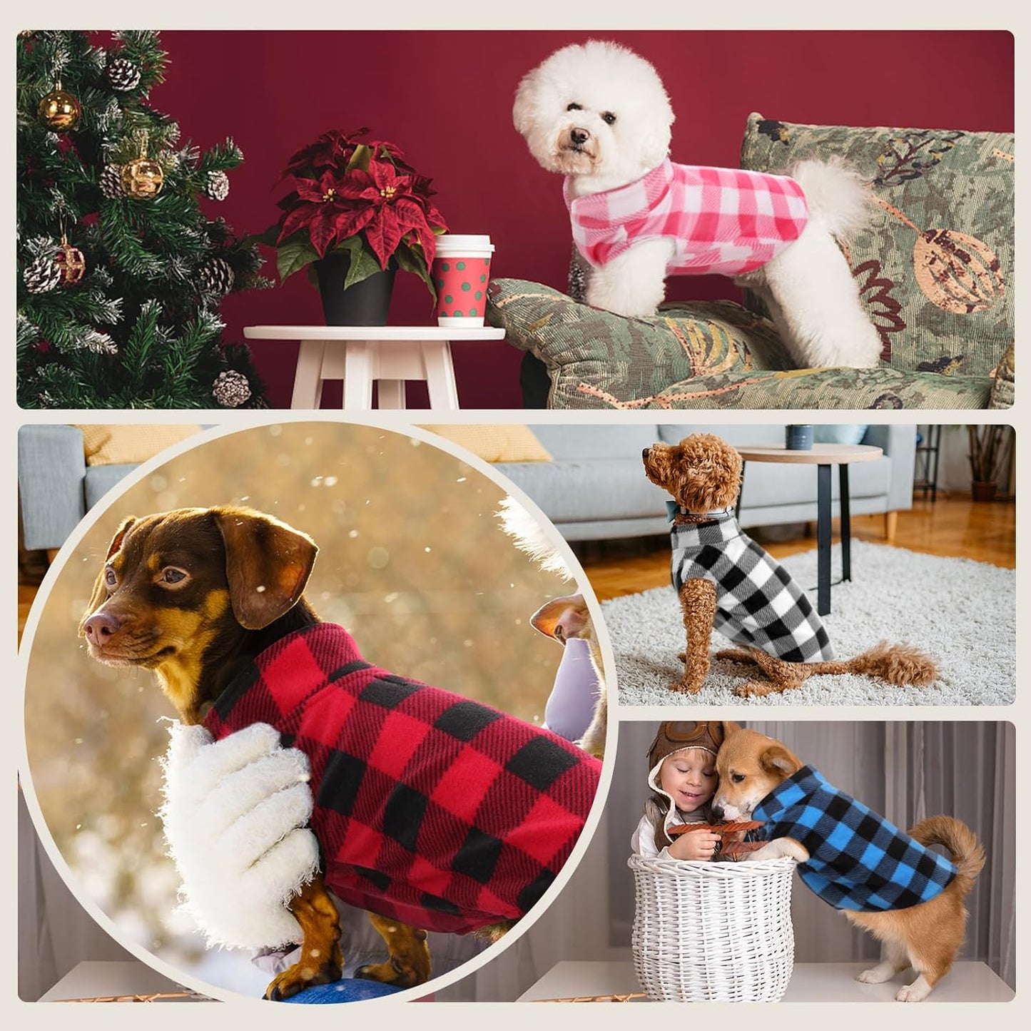 Kuoser Dog Fleece Vest,Warm Plaid Dog Sweater with Leash Hole,Soft Turtleneck Winter Pet Jacket Dogs Coat Pullover Clothes for Small Medium Dogs Cats,Spring Fall Cold Weather Christmas Outfit,Black XS