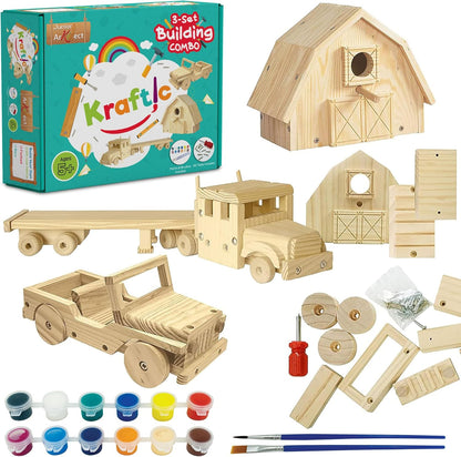Kraftic Woodworking Building Kit for Kids and Adults, Set of 3 Educational DIY Carpentry Construction Wood Model Kit Toy Projects for Boys and Girls - Off-Road Vehicle, Flatbed Truck, Barn Birdhouse
