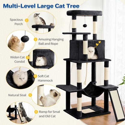 Cat Tree Tower 63in Multi-Level Cat Tower for Indoor Cats with Sisal Scratching Posts, Condo, Hammock, Dangling Ball and Extended Platform for Cats to Play, Black