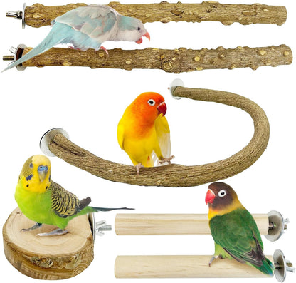 PINVNBY 6 PCS Natural Bird Perches Wooden Parrot Perch Sets Bird Perches for Cage Parakeet Platform Hammock Paw Grinding Fork Chewing Stick for Budgies Conures Finches Cockatiels Lovebirds