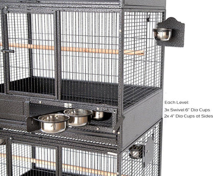 Extra Large Stackers Heavy Duty Wrought Iron Breeder Parrot Aviary Bird Breeding Rolling Cage with Side Nest Doors (Black Vein, Triple Stacker)