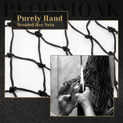 Bloomoak Slow Hay Net Feeder for Horses, Durable Soft Black PE 2/3 String Hay Bales Bags, Fit 36x18x18 to 47x25x17 Inches, Extends 50-64 Inches (2 1.6" Hole/1PC)