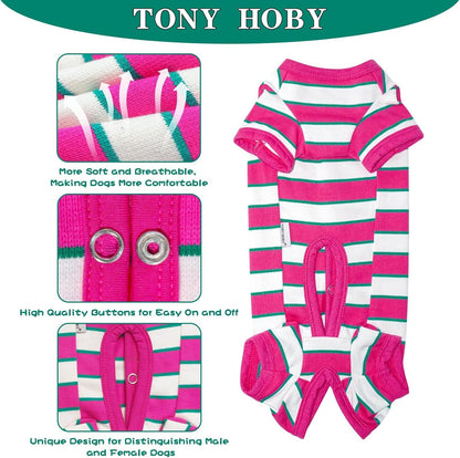 TONY HOBY Male Dog Pajamas, Dog Jumpsuit with Rose Red Stripe, Colorful Dogs Shirt for Small Medium Dogs (Rose Red&White, Boy, L)