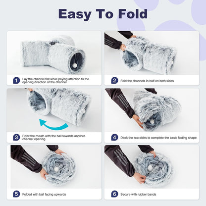 Tempcore Plush Pet Cat Tunnel Tube Cat Toys 3 Way Collapsible, Tunnels for Indoor Cats，Kitty Tunnel Bored Pet Toys Peek Hole Toy Ball Puppy, Kitty, Kitten, Rabbit Light Grey