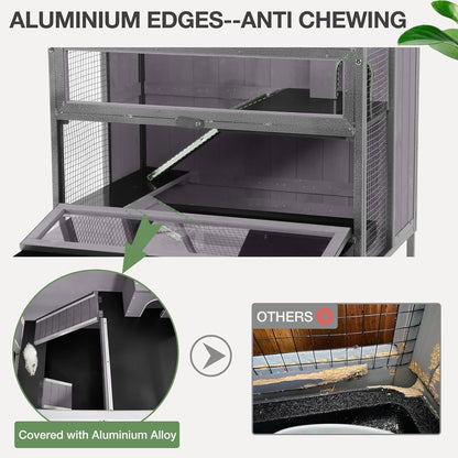 Guinea Pig Cage, Moveable Metal Frame Hamster Cage Anti-Chewing with Aluminium Alloy Edge, Hideouts, Ramps, Seesaws Chewing Toy, Deeper Pull-Out Leakproof Tray for Indoor Outdoor(Grey