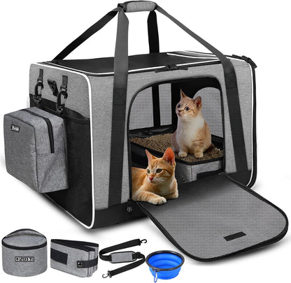 Petskd Extra Large Cat Carrier with Litter Box 24"x17"x17" for Medium Large Cat or 2 Small Cats, Collapsible Soft Sided Pet Carrier for Car Travel with Lockable Safety Zippers(Grey)