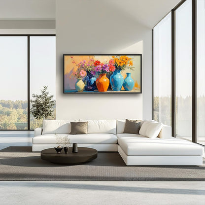 Large Colorful Floral Wall Art for Living Room, Framed Oversized Asian Flower Vase Decor Canvas Painting Sunlight Pictures Modern Artwork for Bathroom Bedroom Office Dining Room 60"x30"