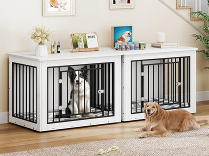 YITAHOME 76 Inch Double Dog Crate Furniture, XXL Dog Crate Furniture for 2 Dogs, Side End Table, Waterproof Top, Safety Corners, 2-in-1 Iron-Wood Fusion Dog Kennel Furniture for 2 Large Dogs,White