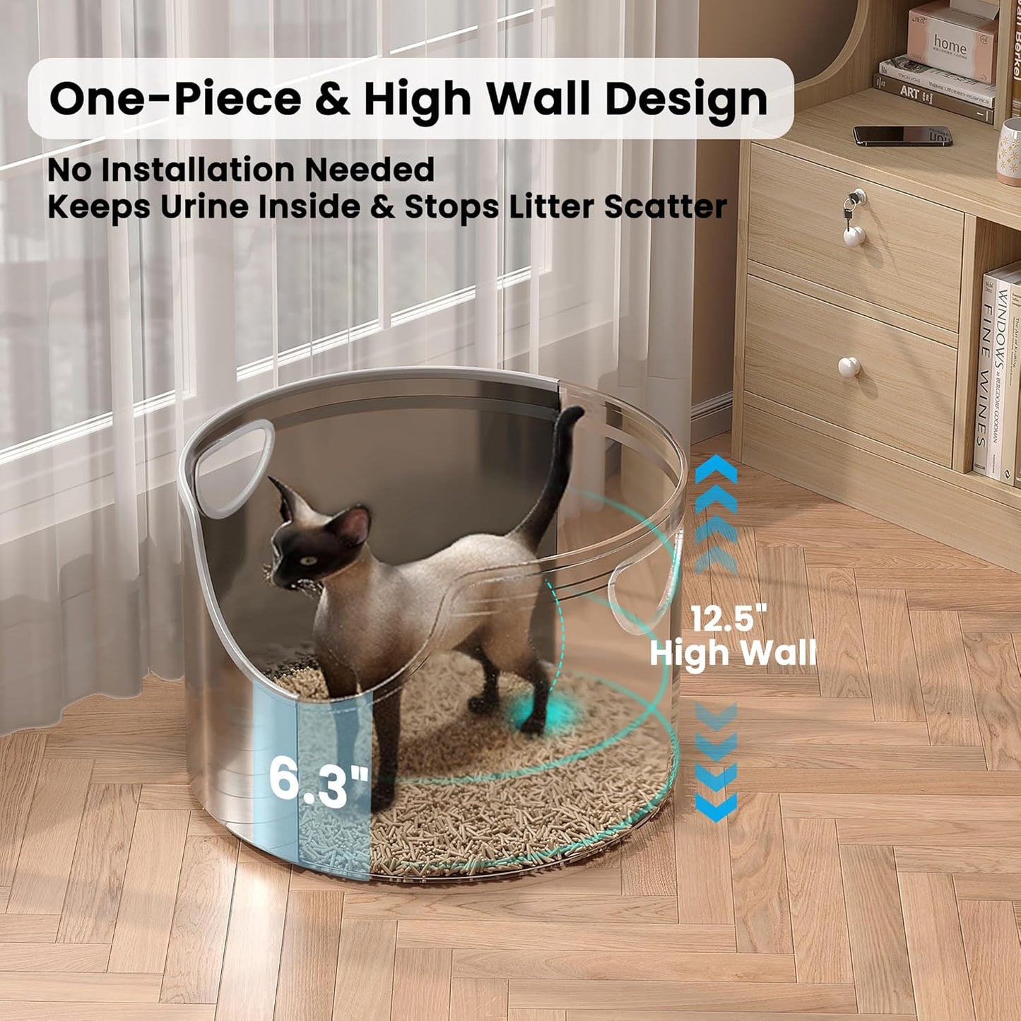 Stainless Steel Litter Box Metal with Integrated Round for XL/XXL Big and Multi Cats, 12" High Wall High Side, Odor Control, Easy to Clean, Durable, Includes Stainless Steel Scoop