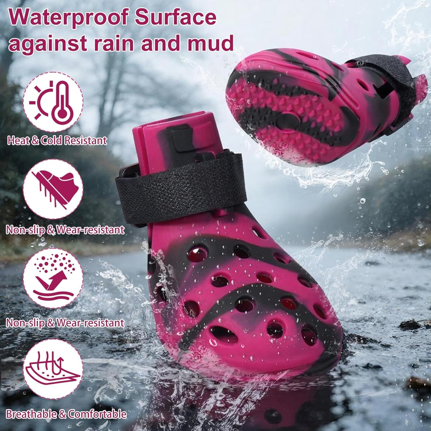 Dog Shoes for Hot Pavement and Snow, Silicone Dog Booties for Small Medium Large Dogs, Waterproof Paw Protectors- Non-Slip, Adjustable Straps, Dog Boots for Beach/Rain/Hiking (Black Pink, S)