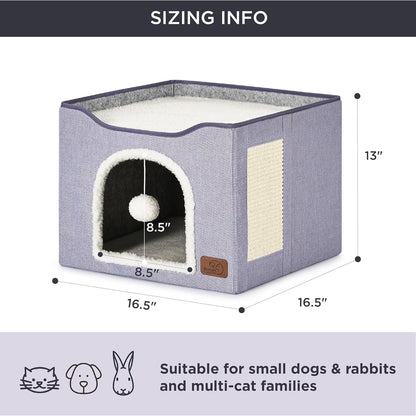 Bedsure Cat Beds for Indoor Cats - Large Cat Cave for Pet Cat House with Fluffy Ball Hanging and Scratch Pad, Foldable Cat Hideaway, 16.5x16.5x13 inches, Cloud Purple