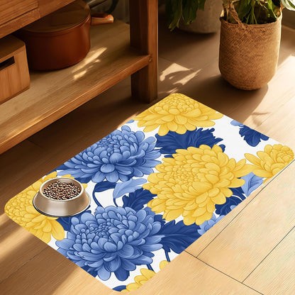 Blue Yellow Flowers Pet Cat Dog Food Mat-Absorbent Quick Dry Feeding Placemat for Water and Food, No Stains Rubber Base Mat for Indoor Use, Pet Accessories 16"x24"