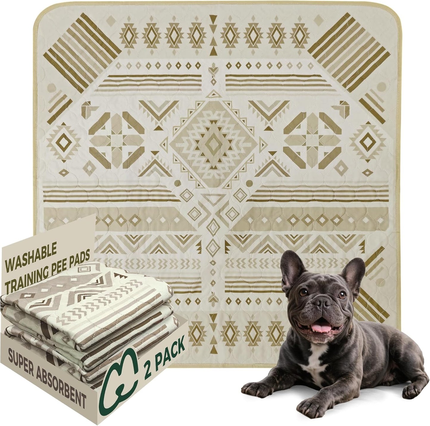 FXW Washable Pee Pads for Dogs, Puppy Pads with Super Absorbent, Specifically Designed for Potty Training, 35" Square, Khaki Geometric, 2 Packs
