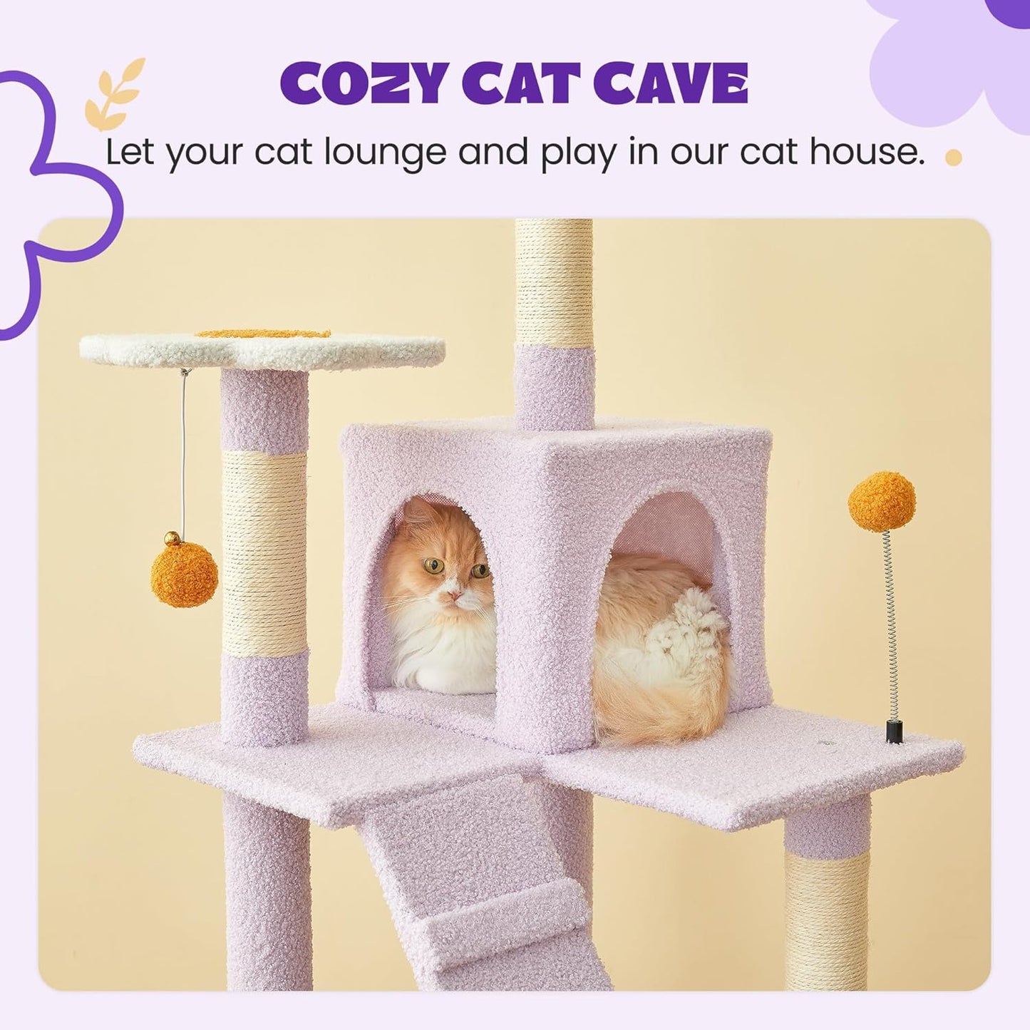 MWPO Flower Cat Tree for Indoor Cats, 63.8 Inches Multi-Level Cat Tower with Sisal-Covered Scratching Posts, Padded Platform, Hammock, Dangling Toys, Stable Cat Condo Pet Play House