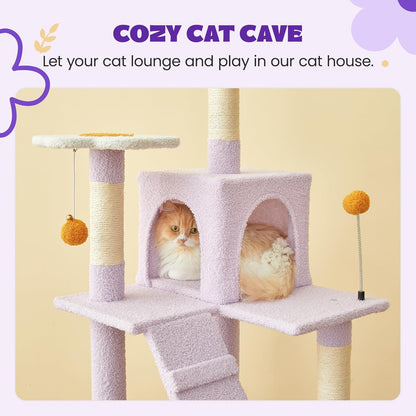 MWPO Flower Cat Tree for Indoor Cats, 63.8 Inches Multi-Level Cat Tower with Sisal-Covered Scratching Posts, Padded Platform, Hammock, Dangling Toys, Stable Cat Condo Pet Play House