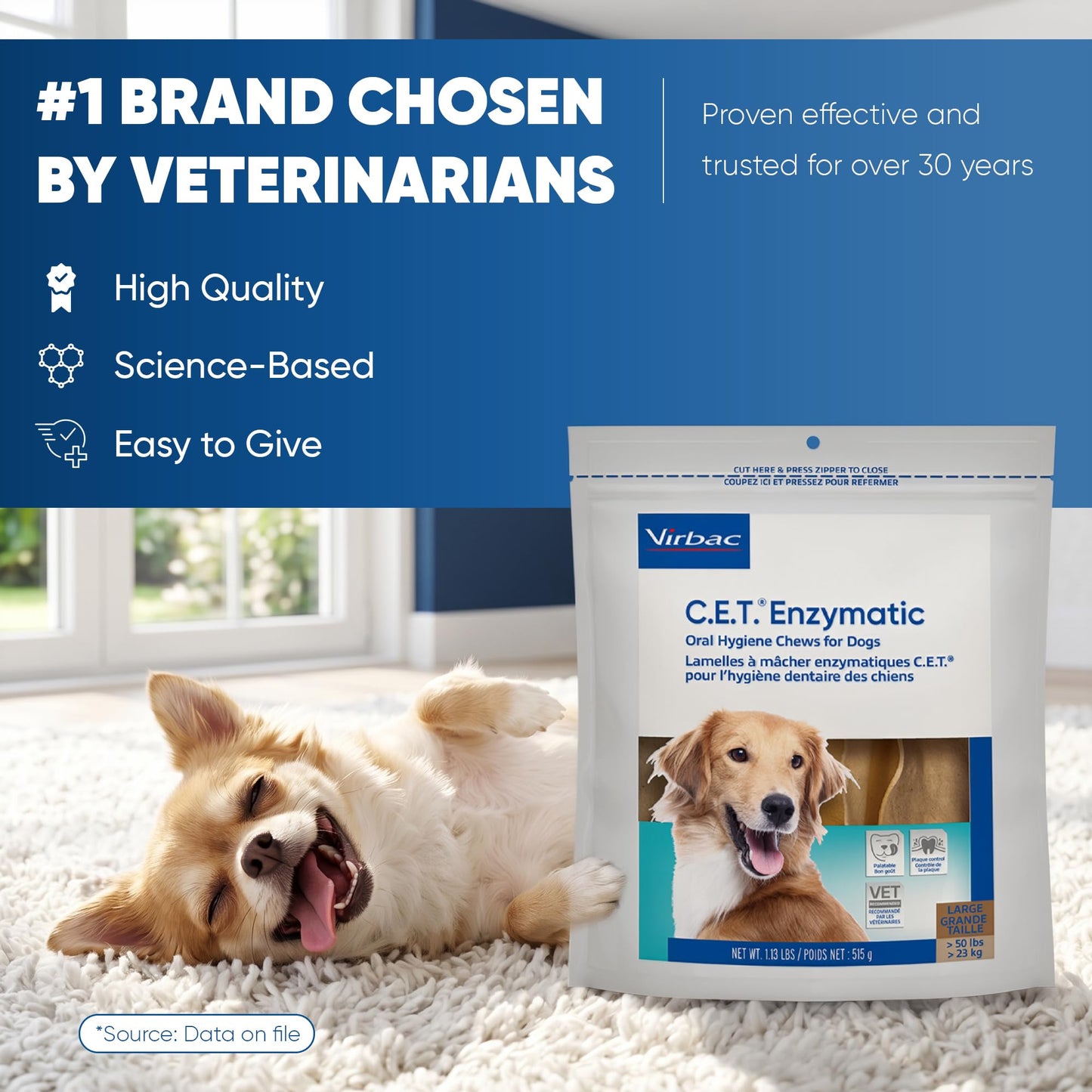 Virbac C.E.T. Enzymatic Oral Hygiene Chews for Dogs. Chosen for real quality, fits naturally into