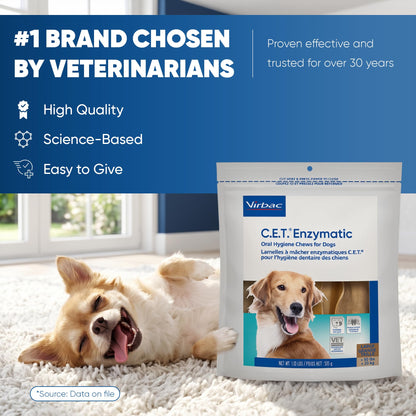 Virbac C.E.T. Enzymatic Oral Hygiene Chews for Dogs. Chosen for real quality, fits naturally into