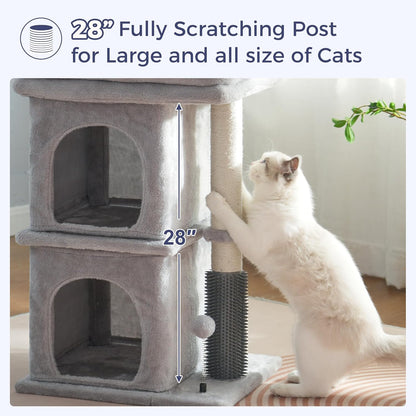 Cat Tree with Large Top Bed 17.7x15.7” Small Cat Tower with Dual Condos,28” Fully Scratching Post and Self Groomer for Indoor Cats-Grey