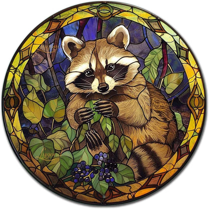 Lygond Metal Tin Sign - Circular Stained Glass Raccoon - Pub Sign - 1212 Inches