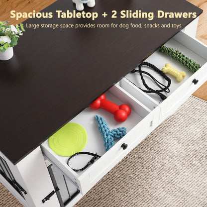 Large Dog Crate Furniture-Decorative Heavy Duty Dog Cage Indoor, Wooden Dog Cage End Table with Charging Station, Dog House with 2 Drawers (White, 47.2''L)