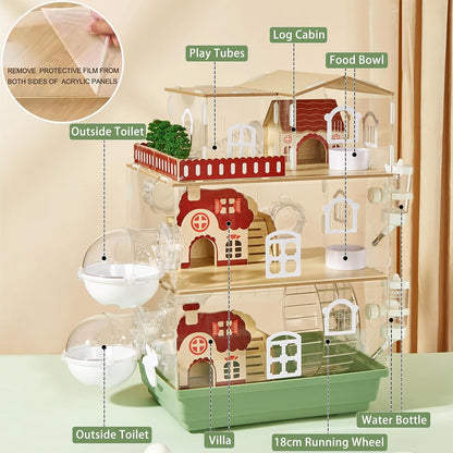 17 in 1 Clear Acrylic Hamster Cage with All Accessories,13.5''L* 10''W* 21''H Dwarf Hamster Cage,Magnetic Connection Small Hamster Enclosure,Garden Style Wooden Pet Mouse Cage for Pet Mice(3-Layer)