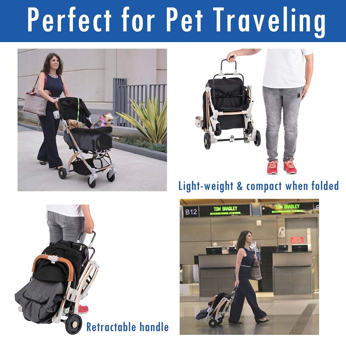 Lite Premium Light-Weight Dog/Cat/Pet Stroller Travel Carriage with Convertible Compartment/Zipper-Less Entry/1-Hand Quick Fold/Aluminum Frame for Small & Medium Pets (Black 2nd-Gen.)