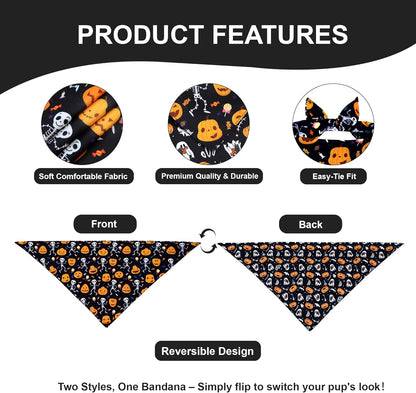 Halloween Dog Bandana for Large Dogs - Reversible Black Skull Pumpkin Print Scarf - Soft & Quick-Dry for Costume Parties