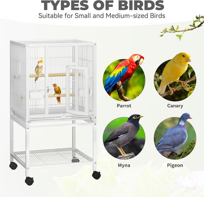 YITAHOME 41 inches Metal Bird Cage for Parakeets: Large Parrot Cages with Tray, Food Boxes, and Wooden Perches with Rolling Stand & Brakes for Lovebirds Cockatiels Pigeon Finches, White