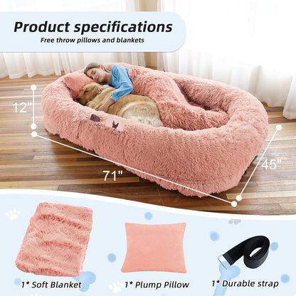 Human Dog Bed, 71''x45''x12'' Size Fits You and Pets, Washable Faux Fur Pet Bed for People Doze Off, Napping Orthopedic Dog Bed, Present Plump Pillow, Blanket, Strap - Pink