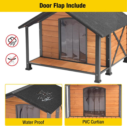 Aivituvin Dog House with Insulated Liner Outdoor All-Around Iron Frame Dog Kennel Outside with Overhang Roof Large Porch Weatherproof