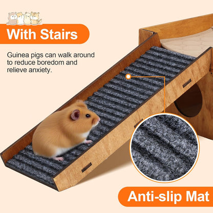 Wooden Guinea Pig Hideout, Large Hamster Hideout, Small Animal House Habitats with Stairs, Upgraded Pets Hut Castle for Guinea Pig, Bunny, Chinchillas, Hamster, Rabbit