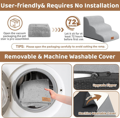 Dog Ramp and Stair for Bed 16" H-20 H,3-Step Cat Stair for Sofa and Chair,4-Step Dog Ramp for High Bed and Window,Durable Nonslip Fabric Cover for Indoor (Light Grey-16 H, Pet Friendly, 3)