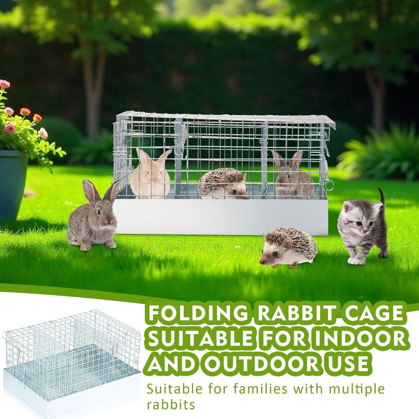Folding Rabbit Cage, 18 x 12 x 10 in Portable Bunny Carrier with Tray and Handles for Transport, Travel or Temporary Housing, Indoor Outdoor Pet Habitat Animal Enclosure
