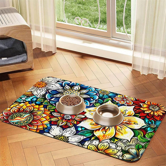 Colorful Mandala Dog Food Mat Absorbent Bowl Mats No Stains Quick Dry Waterproof Pet Cat Placemats for Food and Water, 30x45cm