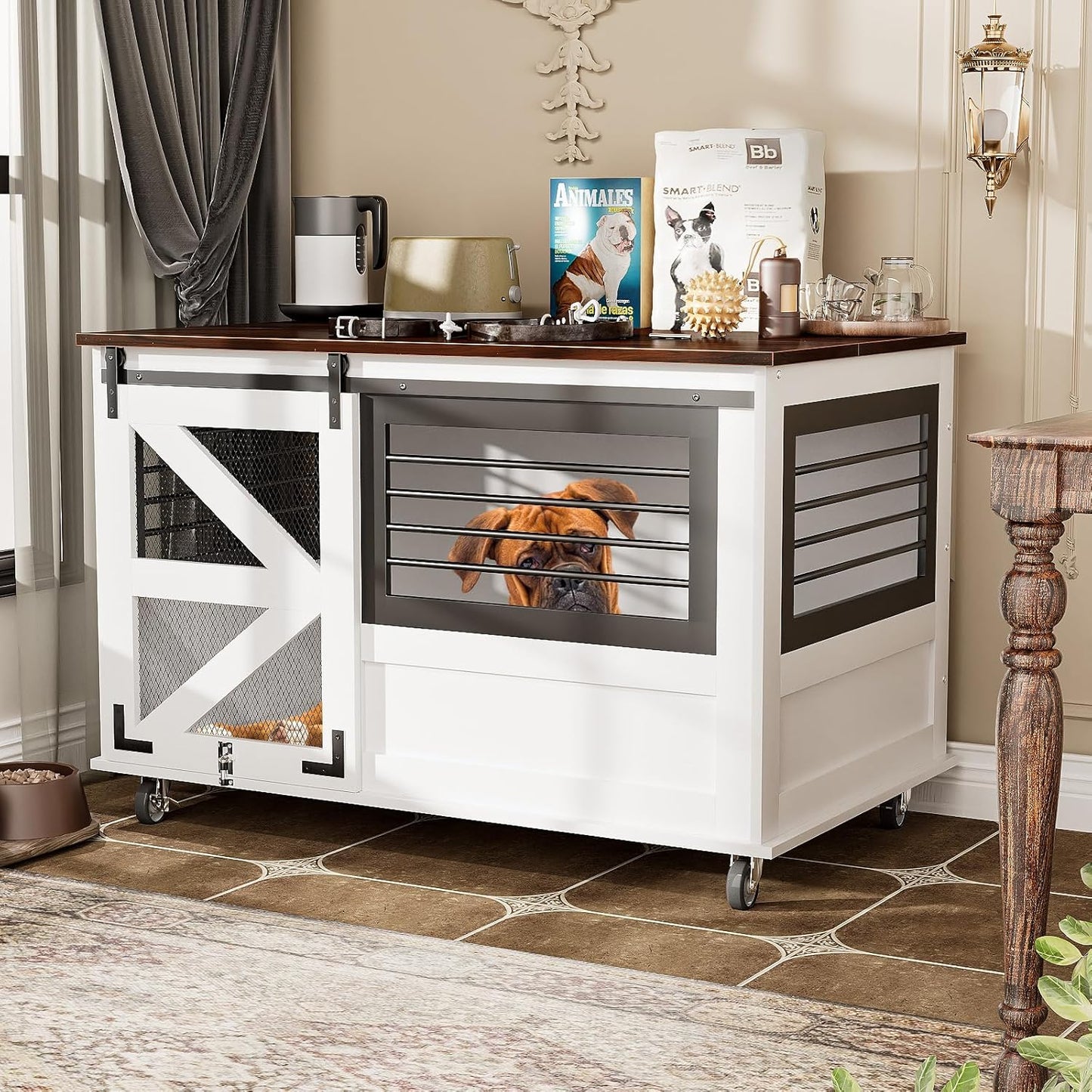 47 inch XL Dog Crate Furniture with Top-Access Teasing/Feeding Doors, Farmhouse Wooden Decorative Dog Crates with Wheels, Chew-Resistant Dog Crates End Table for Medium&Large Dogs, White