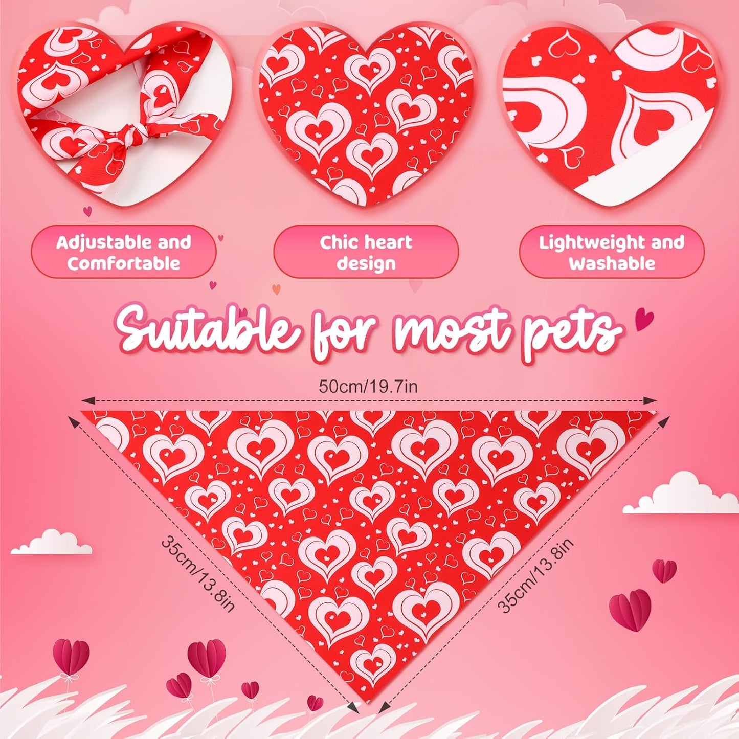 Weewooday 50 Pcs Valentine Dog Bandanas Bulk for Dogs Soft Bibs Adjustable Triangle pet Bandana for Small Medium Large Costume(Heart Pattern, 19.7 x 13.8 x 13.8 Inch)