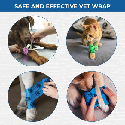 Self Adhesive Bandage Wrap - Pack of 09 Assorted Colors, Breathable & Water-Resistant Vet Wrap for First Aid, Sports Injury, Body Sprains, & Pets (2 Inch Paw Print Multicolor - 09 Pack)