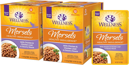 Wellness Healthly Indulgence Morsels Adult Wet Cat Food, Natural, Protein-Rich, Grain-Free, 3 Ounce Pouch, 24 Pack, (Chicken & Chicken Liver)