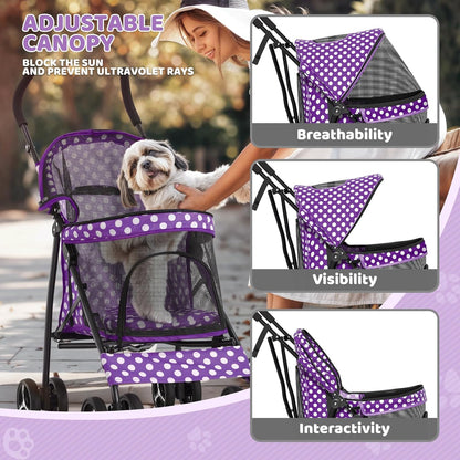 Magshion Compact Pet Stroller for Small-Medium Dogs/Cats up to 22lbs, 4-Wheel Lightweight Umbrella Shaped Portable Puppy Travel Jogger with Breathable Mesh & Rear Storage, Purple Polka Dots