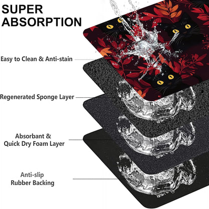 Black Cat Forest Pet Feeding Mat-Quick Dry Absorbent Dog Cat Food Mat, Anti-Slip Water Bowl Mats for Messy Eaters-No Stains Indoor Pet Accessories 12"x20"