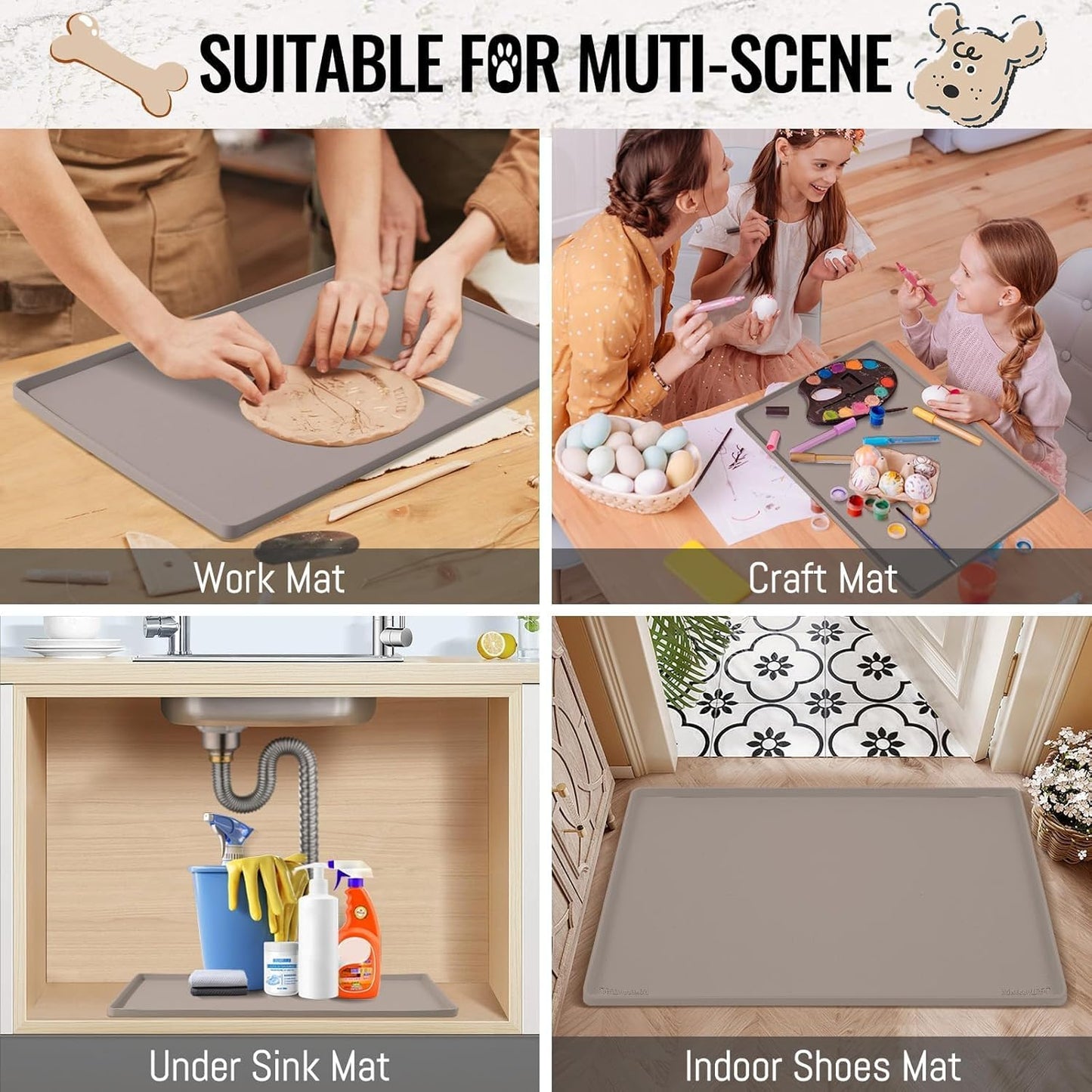 MateeyLife Dog & Cat Food Mat - Waterproof, Nonslip, Raised Edges, Silicone Tray for Messy Drinkers, 18"x12", Taupe