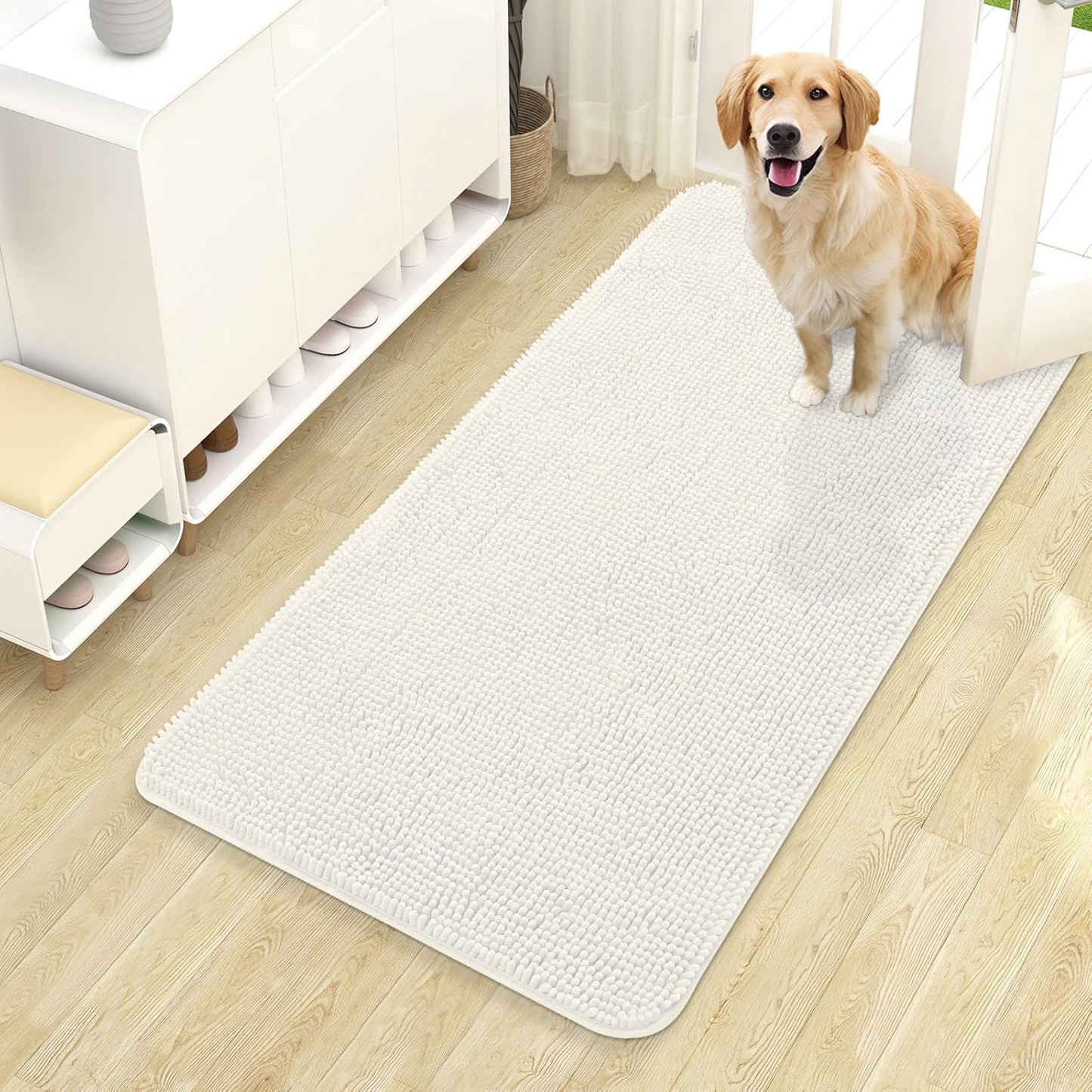 OLANLY Dog Door Mat for Muddy Paws 44x24, Absorbs Moisture and Dirt, Absorbent Non-Slip Washable Doormat, Quick Dry Chenille Mud Mat for Dogs, Entry Indoor Entryway Carpet for Inside Floor, Ivory