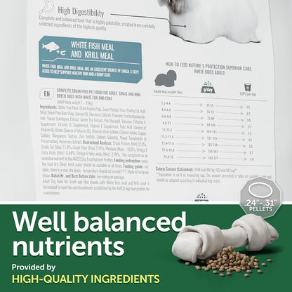 Nature's Protection Superior Care White Dogs Grain-Free Dry Dog Food - High Protein, Tear Stain Dog Food for Small & Mini Breeds Light Coated Adult Dogs, Fresh Pet Meal, White Fish, 22 lb