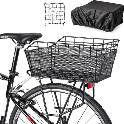 Rear Bike Basket - Large Bicycle Rear Basket with Cargo Net and Waterproof Cover, Wire Bike Baskets Rear Large Capacity (NO Bike Rack Include)