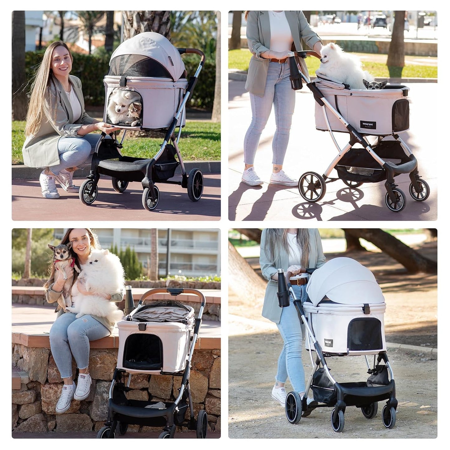 T5 Luxury Pet Stroller for Medium Dog Under 60lbs or 2 Small Dogs & Cats with 180 ̊Canopy, Sun Shades, Auto-Folding Stroller for Multiple Pets（Beige）